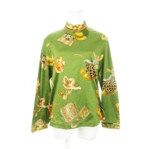 カットソー ハイネック 長袖 ファッション小物柄 花柄 総柄 L 緑 グリーン /AH15