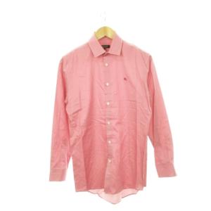 ワイシャツ 長袖 ロゴ刺繍 袖裏チェック コットン 39 M ピンク 赤 レッド /AH22 GY17