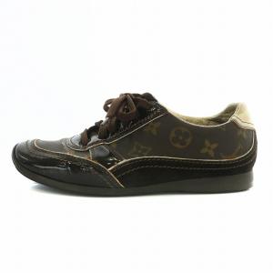 スニーカー レザー エナメル スエード モノグラム ローカット スクエアトゥ 35 22.5cm 茶色