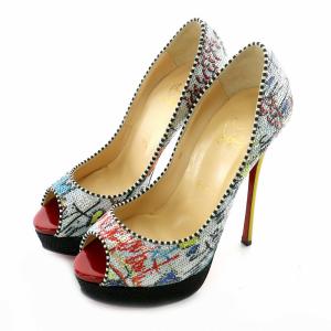 パンプス プラットフォーム レザー スパンコール オープントゥ ピンヒール 総柄 37 1/2 24.0