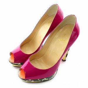 パンプス エナメル プラットフォーム オープントゥ ハイヒール 37 23.5 ピンク 黒 ブラック 白