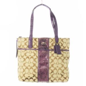 トートバッグ ハンドバッグ キャンバス レザー 革 パイソン ロゴ シグネチャー 紫 パープル F25706