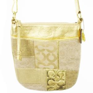 ショルダーバッグ キャンバス レザー 革 ロゴ ハク オプアート シグネチャー パッチワーク ゴールドカラー