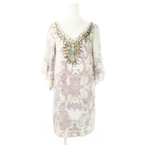 ミニワンピース 五分袖 シルク 絹 Vネック ビジュー ビーズ ペイズリー 花柄 36 S グレー /CK12