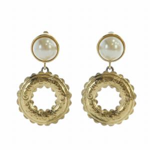 ヴィンテージ イヤリング 両耳用 クリップ式 フェイクパール ロゴ リング サークル ラウンド ゴールドカラー