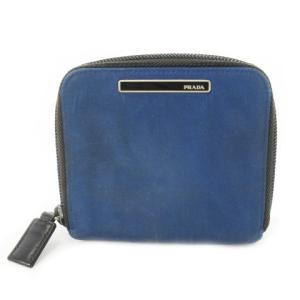 二つ折り財布 ウォレット 小銭入れあり ナイロン レザー 革 ラウンドファスナー ロゴプレート 青 ブルー