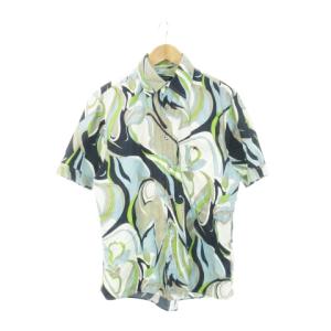 半袖シャツ レギュラーカラー ロゴ刺繍 コットン ペイズリー マーブル柄 総柄 3 L 青 ブルー /AH9