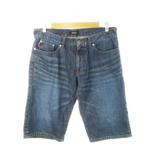 デニムパンツ ジーンズ ハーフパンツ ショートパンツ ウォッシュ加工 ワンポイント チェック 85 青
