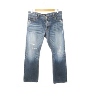 デニムパンツ ジーンズ ストレート ボタンフライ ダメージ加工 ウォッシュ加工 ワンポイント ロゴ チェック