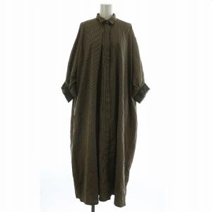 シャツワンピース 長袖 ロング ストライプ 刺繍 総柄 比翼ボタン 茶色 ブラウン 黒 ブラック /XZ