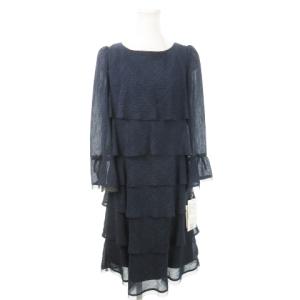 ワンピース ひざ丈 長袖 ティアード チュール リボン 総柄 コサージュ付き オケージョン 38 M 紺