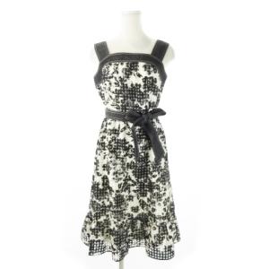 ワンピース ひざ丈 ノースリーブ ウエストマーク リボンベルト デニム 切替 チュール ジャカード プリント