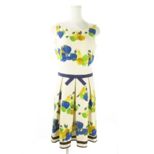 ワンピース ノースリーブ ボックスプリーツ ひざ丈 膝丈 リボン フルーツ柄 果物柄 総柄 38 M ベージュ