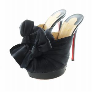 ミュール パンプス ピンヒール オープントゥ エナメル レザー シルクサテン リボン ロゴ 36.5 23.5cm