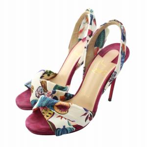 サンダル スエード オープントゥ ピンヒール ストラップ フルーツ 植物柄 35.5 22.5cm マルチカラー