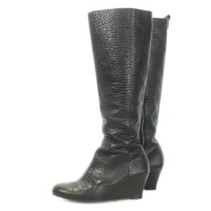 TORY BURCH ロングブーツ ミドルヒール ウェッジソール ラウンドトゥ レザー シボ革 型押し ロゴ ワンポイント 8