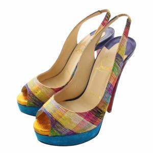 パンプス オープントゥ ハイヒール ラメ チェック柄 ストラップ 36 23cm マルチカラー /XZ