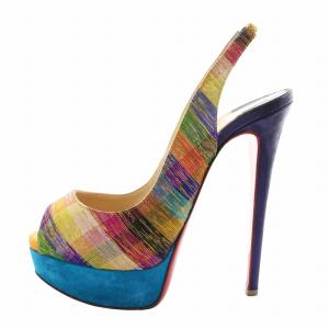 Christian Louboutin パンプス オープントゥ ハイヒール ラメ チェック柄 ストラップ 36 23cm マルチカラー /XZ