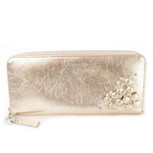 長財布 ロングウォレット 小銭入れあり ラウンドファスナー レザー 革 ハク フラワーモチーフ ラインストーン