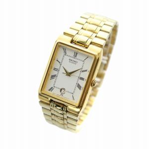 SEIKO 腕時計 ウォッチ クォーツ デイト カレンダー付き 白文字盤 ロゴ ローマン スクエア ゴールド色 V722-5A50