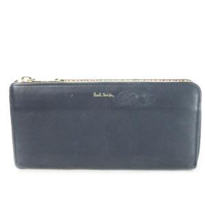 長財布 ロングウォレット 小銭入れあり L字ファスナー レザー 革 ロゴ マルチストライプ 紺 ネイビー