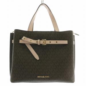 ハンドバッグ PVC レザー シグネチャー柄 総柄 ロゴ ゴールド金具 茶色 ブラウン ピンク 35F0GU5S3B