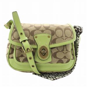 ショルダーバッグ キャンバス レザー シグネチャー 総柄 ターンロック スカーフ付き 茶色 ブラウン 緑