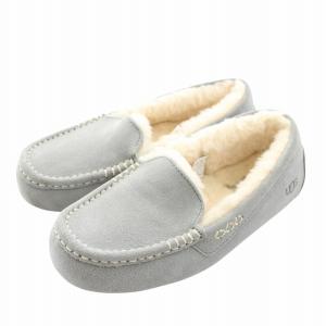 アンスレー Ansley スリッポン モカシン スエード ボア ラウンドトゥ ロゴ US7 24cm グレー
