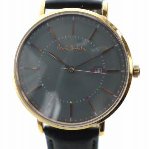 腕時計 ウォッチ クォーツ デイト カレンダー付き グレー文字盤 レザーベルト ロゴ ゴールド色 黒 ブラック