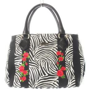 ハンドバッグ 2way ショルダーバッグ キャンバス ジャカード ゼブラ柄 バラ刺繍 レザー 革 黒 ブラック