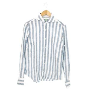 リネンシャツ 長袖 ホリゾンタルカラー ネップ ストライプ 15.5/39 M 青 ブルー /MN18