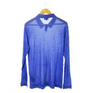 GIORGIO ARMANI ニットシャツ 長袖 薄手 ストレッチ 総柄 スクエアドット 54 XXL 青 ブルー /CK11 GY18
