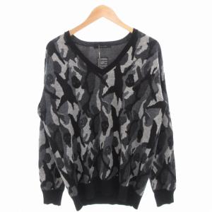 ニット セーター 長袖 Vネック プルオーバー 迷彩柄 カモフラージュ ドクロ ウール XL 黒 ブラック