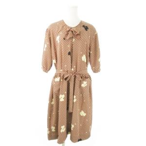 ワンピース ロング 七分袖 アニマル ベア くま ギンガムチェック 総柄 リボン 赤 レッド /AO15