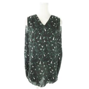 23AW ブラウス Vネック ノースリーブ とろみ ギャザー ボタニカル 総柄 38 M 黒 ブラック