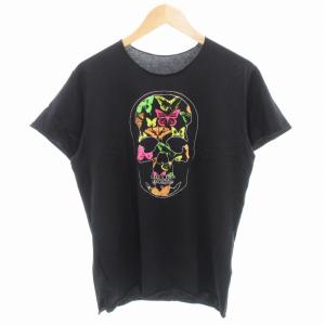 Tシャツ カットソー 半袖 切りっぱなし スカル バタフライ柄 L 黒 ブラック /GV GY18