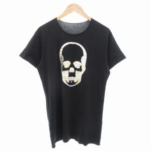 Tシャツ カットソー 半袖 切りっぱなし スカル 箔プリント L 黒 ブラック /GV GY18