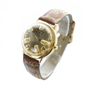 GUESS ジャンク品 腕時計 ウォッチ クォーツ ラウンド ドーム型 レザーベルト ロゴ ゴールド色 GY18 /MQ