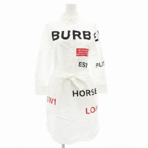 ホースフェリープリント シャツワンピース 長袖 ミニ ボタンダウン ベルト付 ロゴ 36 白 ホワイト