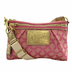 ポピー POPPY ショルダーバッグ キャンバス レザー オプアート 総柄 ロゴ ピンク ゴールド色 /XZ