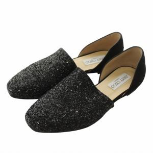 パンプス フラット グリッター スエード スクエアトゥ ロゴ シルバー金具 35 22cm 黒 ブラック