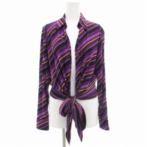 ラップブラウス シャツ 長袖 ストライプ リボンベルト 絹 シルク 40 紫 パープル /GV GY18