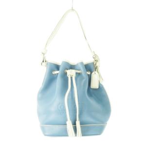 ハンドバッグ 巾着 レザー 革 ロゴ型押し 配色 バイカラー 青 ブルー 白 ホワイト 7554 /CK18