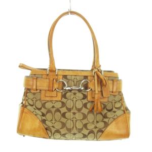 ハンドバッグ キャンバス レザー シグネチャー ロゴ チャーム タッセル 茶 ブラウン 10245 /MN8