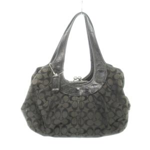 COACH プリーテッドサッチェル ハンドバッグ トートバッグ キャンバス レザー シグネチャー ロゴ チャーム 黒