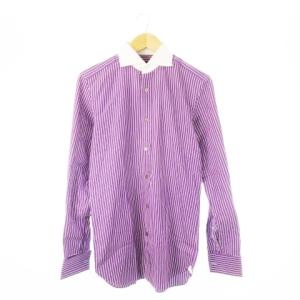 ワイシャツ Yシャツ クレリック ホリゾンタルカラー 長袖 ダブルカフス ストライプ 15.5 紫 パープル