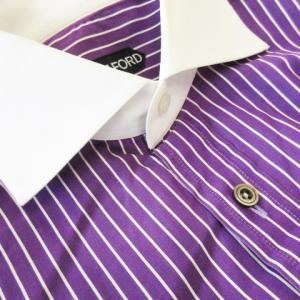 TOM FORD ワイシャツ Yシャツ クレリック ホリゾンタルカラー 長袖 ダブルカフス ストライプ 15.5 紫 パープル