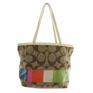 COACH トートバッグ ハンド キャンバス レザー シグネチャー マルチストライプ 総柄 茶色 ブラウン 10859