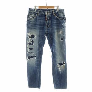 デニムパンツ ジーンズ USED加工 ペンキ クラッシュ リペア ロゴ ボタンフライ 50 L 紺 ネイビー