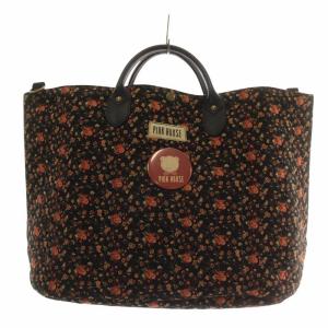 トートバッグ ハンド ショルダー 2WAY キャンバス キルティング 花柄 総柄 ロゴ 缶バッチ 黒 ブラック